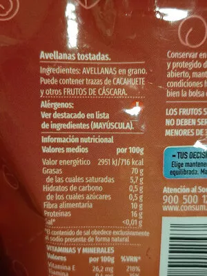 Lista de ingredientes del producto Avellanas Tostadas Consum 200 g