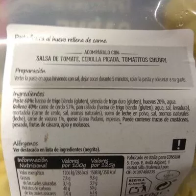 Lista de ingredientes del producto Tortellini de Carne Consum 250g