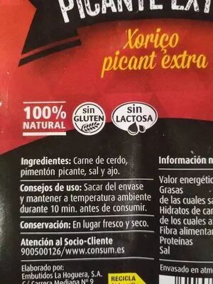 Lista de ingredientes del producto Chorizo picante extra Consum 