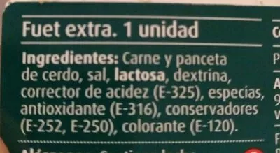 Lista de ingredientes del producto Fuet Consum 