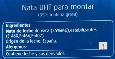 Lista de ingredientes del producto Nata montar Consum 