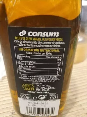 Lista de ingredientes del producto Aceite de oliva virgen Consum 500 ml