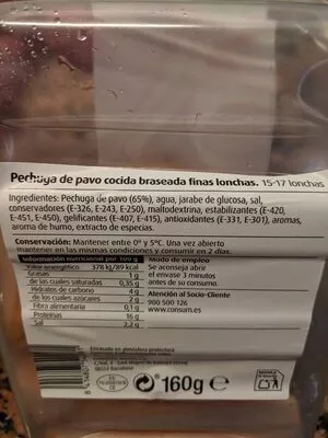 Lista de ingredientes del producto Pechuga de pavo (finas lonchas) BRASEADO Consum 