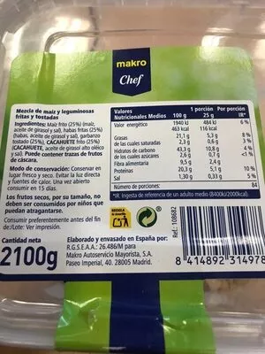 Lista de ingredientes del producto Cocktail de 4 frutos secos Makro Chef 