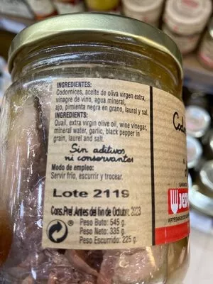 Lista de ingredientes del producto Codornices deshuesadas en escabeche "abuela juliana" Jespep 335 g