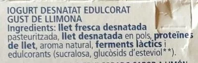 Lista de ingredientes del producto Yogur desnatado de limon con stevia La Fageda 125 g