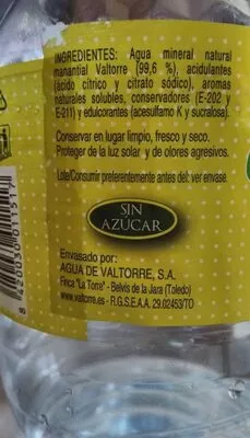 Lista de ingredientes del producto Valtorre Flash sabor limón Valtorre 