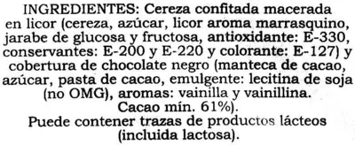 Lista de ingredientes del producto Guindas al marrasquino Nakoa 234 g (neto sin envueltas), 250 g (neto con envueltas)