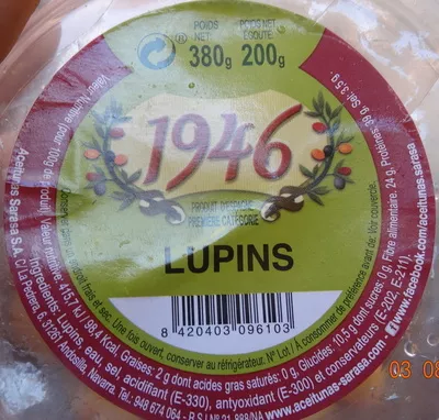 Lista de ingredientes del producto Lupins Aceitunas-Sarasa 380 g (200 g égoutté)