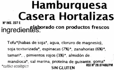 Lista de ingredientes del producto Hamburguesas vegetales Hortalizas Mallorca Bio 150 g (2 x 75 g)