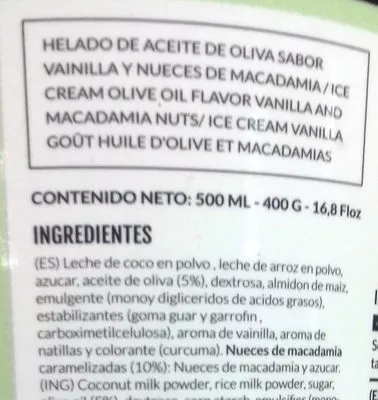 Lista de ingredientes del producto Helado vanilla macadamia La Ibense Bornay 500 ml, 400 g