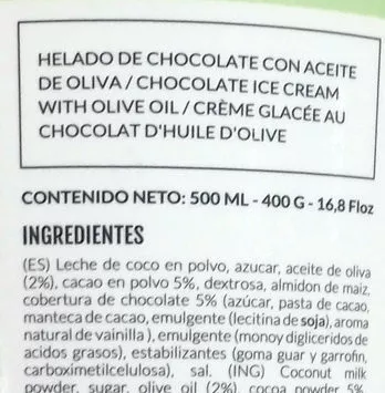 Lista de ingredientes del producto Helado de chocolate con aceite de oliva La Ibense Bornay 500 ml, 400 g