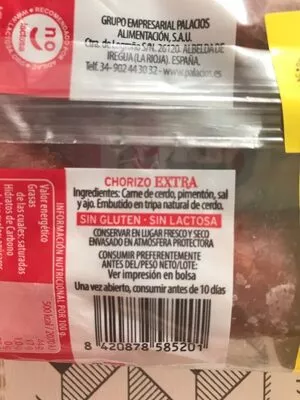 Lista de ingredientes del producto Chorizo Palacios 