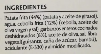 Lista de ingredientes del producto Tortilla de patatas 100% vegana Palacios 