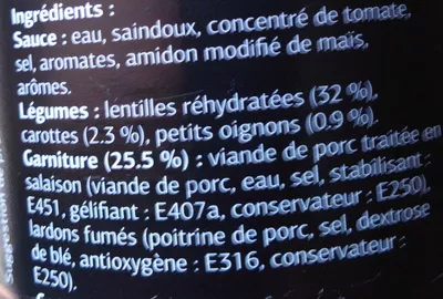 Lista de ingredientes del producto Petit salé aux lentilles Dia 420 g