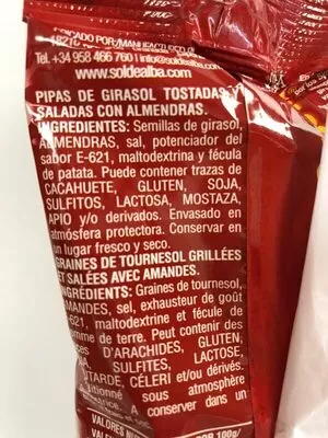 Lista de ingredientes del producto Pipas especiales Dakota bolsa 110 g Sol de Alba 