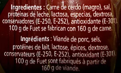 Lista de ingredientes del producto Fuet Extra Ramón Ventula Casa ramon 180 g