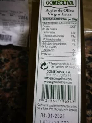 Lista de ingredientes del producto Aceite de oliva virgen extra Gomeoliva 