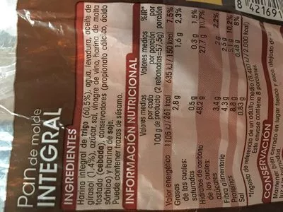 Lista de ingredientes del producto Pain intégral Alipende 