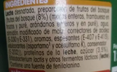 Lista de ingredientes del producto Bifidus 0% frutas del bosque Alipende 