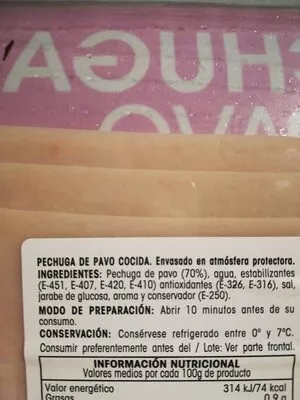 Lista de ingredientes del producto Pechuga de pavo Alipende 180 g