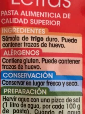 Lista de ingredientes del producto Letras (pasta) Alipende 