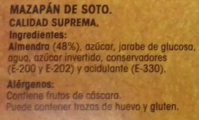 Lista de ingredientes del producto Mazapán de Soto Alipende 200 g