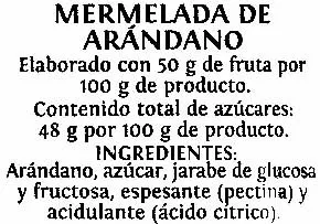 Lista de ingredientes del producto Mermelada extra Arándano Alipende 350 g (neto), 314 ml