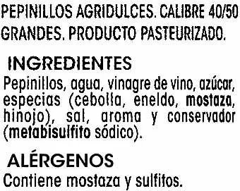 Lista de ingredientes del producto Pepinillos agridulces Extra Alipende 670 g (neto), 370 g (escurrido), 720 ml