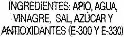 Lista de ingredientes del producto Apio en tiras primera Alipende 345 g (neto), 180 g (escurrido), 370 ml