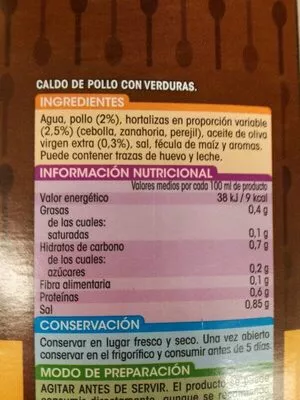 Lista de ingredientes del producto Caldo de pollo Alipende 