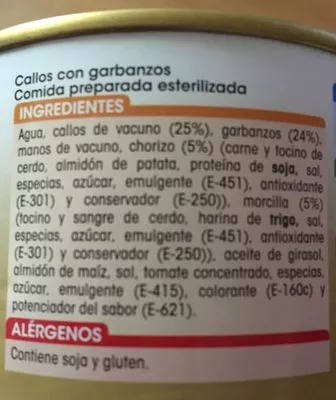 Lista de ingredientes del producto Callos con garbanzos Alipendr 