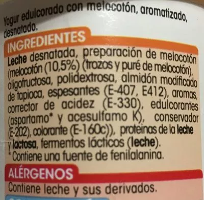 Lista de ingredientes del producto Yogurt desnatado melocotón Alipende 