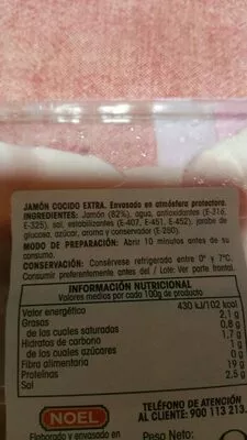 Lista de ingredientes del producto Jamon cocido extra  125 g