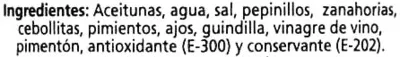 Lista de ingredientes del producto Aceitunas Verdes Manzanilla Partidas Gazpacha Alipende 800 g (neto), 500 g (escurrido), 820 ml