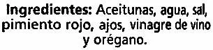 Lista de ingredientes del producto Aceitunas verdes enteras aliñadas "Alipende" Variedad Manzanilla Alipende 800 g (neto), 500 g (escurrido), 820 ml