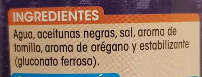 Lista de ingredientes del producto Aceitunas Negras sin hueso Alipende 350 g (neto), 150 g (escurrido), 370 ml