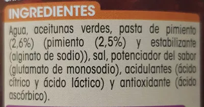 Lista de ingredientes del producto Aceitunas verdes manzanilla rellenas de pimiento Alipende 350 g (neto), 150 g (escurrido), 370 ml