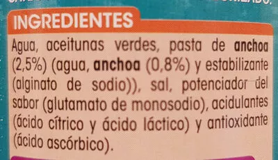 Lista de ingredientes del producto Aceitunas verdes rellenas de anchoa Alipende 350 g (neto), 150 g (escurrido), 370 ml