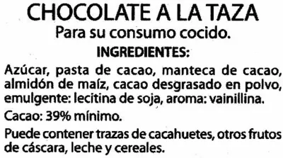 Lista de ingredientes del producto Chocolate a la taza Alipende 200 g