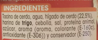 Lista de ingredientes del producto Paté de higado de cerdo Alipende 200 g