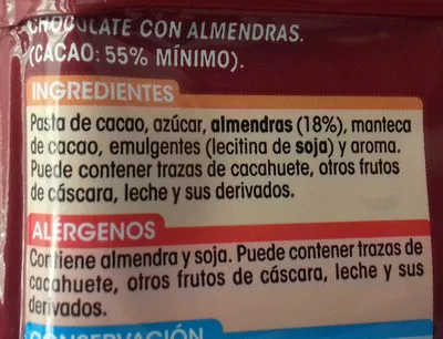 Lista de ingredientes del producto Chocolate puro con almendras Alipende 150 g