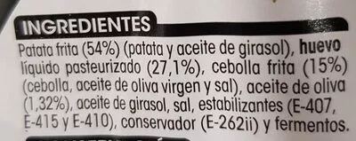 Lista de ingredientes del producto Tortilla de patata con cebolla Alipende 600 g