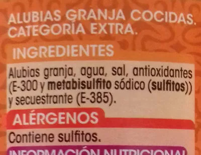 Lista de ingredientes del producto Alubia Granja extra Alipende 560 g neto, 400 g escurrido, 580 ml