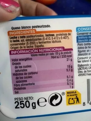 Lista de ingredientes del producto Queso crema Alipende 