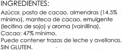 Lista de ingredientes del producto Tableta de chocolate negro con almendras 47% cacao Alipende 150 g