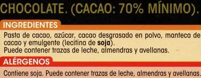 Lista de ingredientes del producto Chocolate puro 70% cacao Alipende 100 g