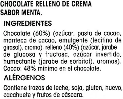 Lista de ingredientes del producto Chocolate negro relleno menta Alipende 150 g