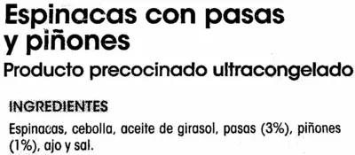 Lista de ingredientes del producto Espinacas con pasas y piñones Alipende 450 g