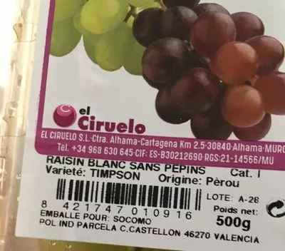 Lista de ingredientes del producto Raisin blanc sans pépins  